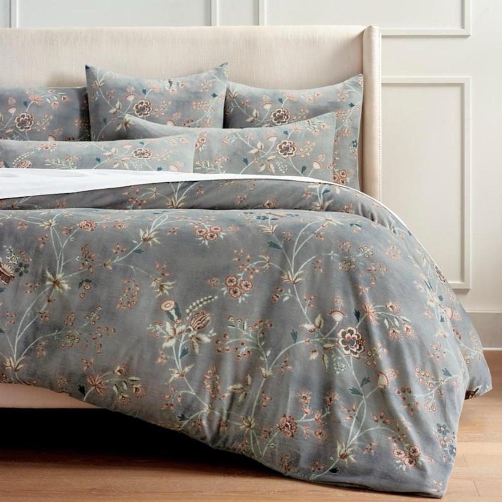 NEW Frontgate Cassia Gray Velvet Floral Duvet Cover QUEEN Size 92”x100”